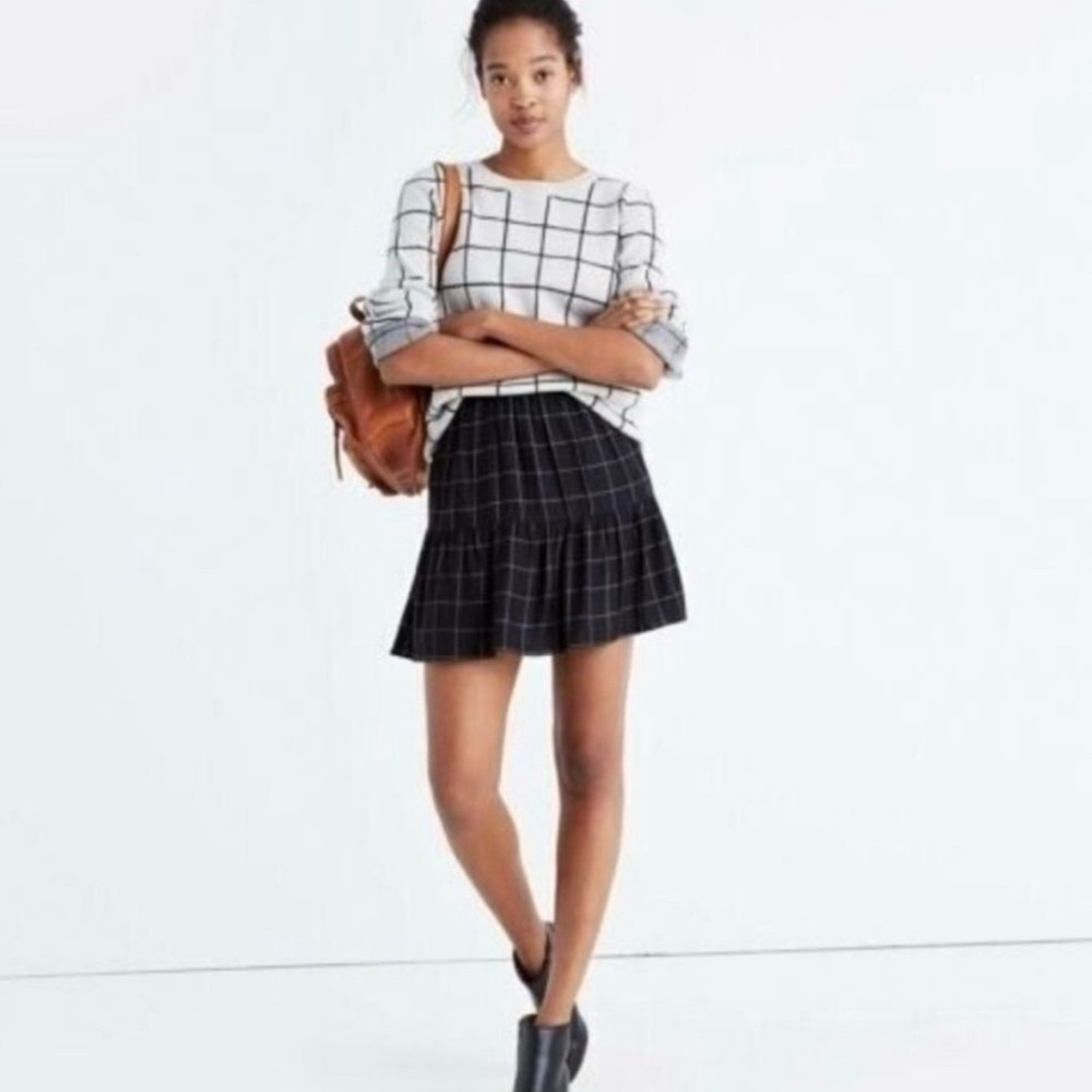Madewell Black White Windowpane Ruffle Hem Skirt NWOT